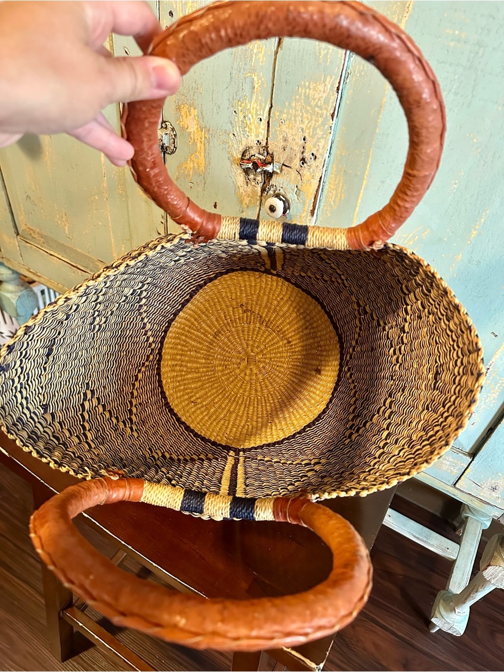 Woven Straw Basket Tote Bag with Brown Leather Handles - Natural/Navy - Picture 4 of 7